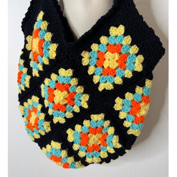 Handmade Granny Square Crochet Shoulder Bag Black Yellow Orange Retro Tote Y2K - Picture 2 of 5